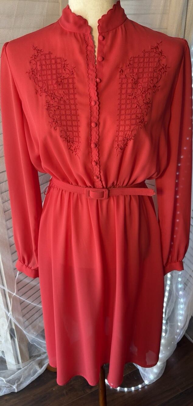 Bits & Pieces Red Chiffon A-Line Midi High Neck Long Sleeve Button Belted 8